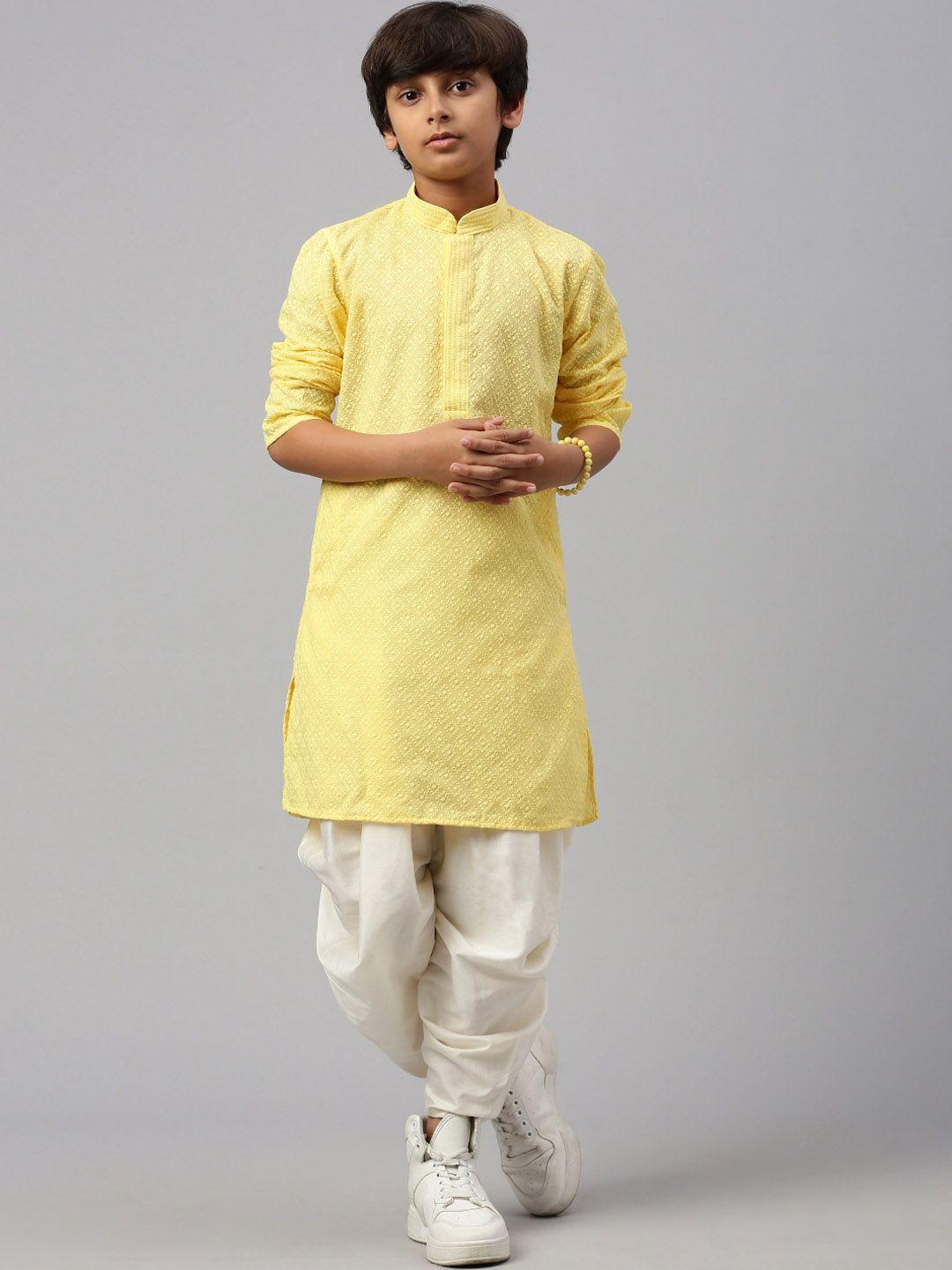 sangria boys yellow ethnic motifs embroidered  mandarin collar chikankari cotton kurta