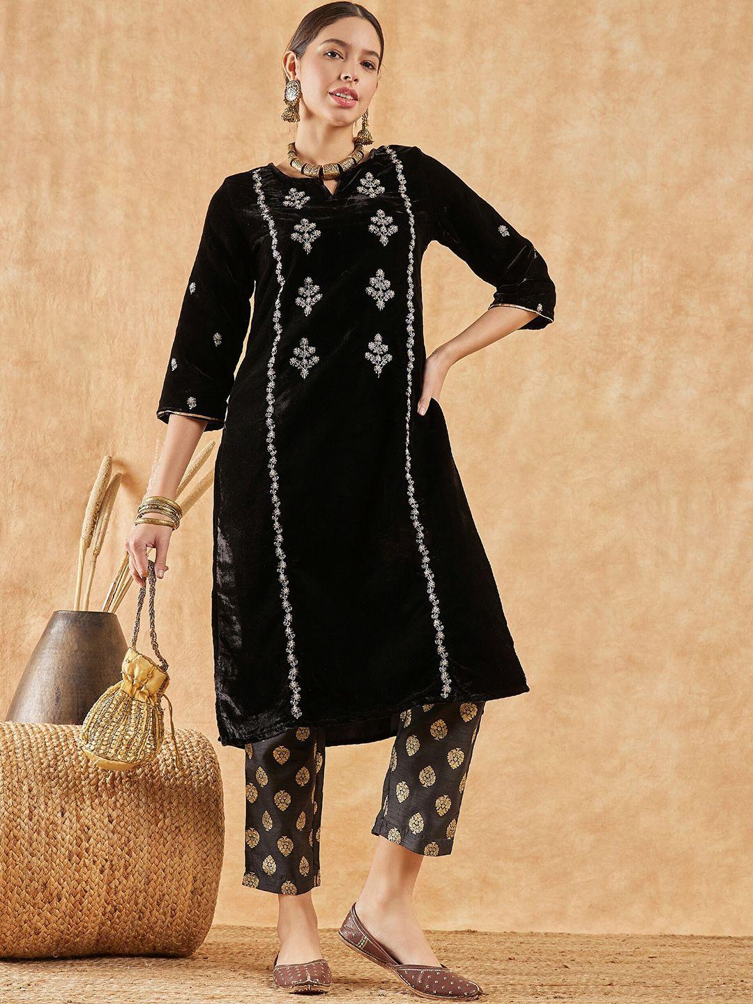 sangria embroidered notch neck velvet kurta with trousers