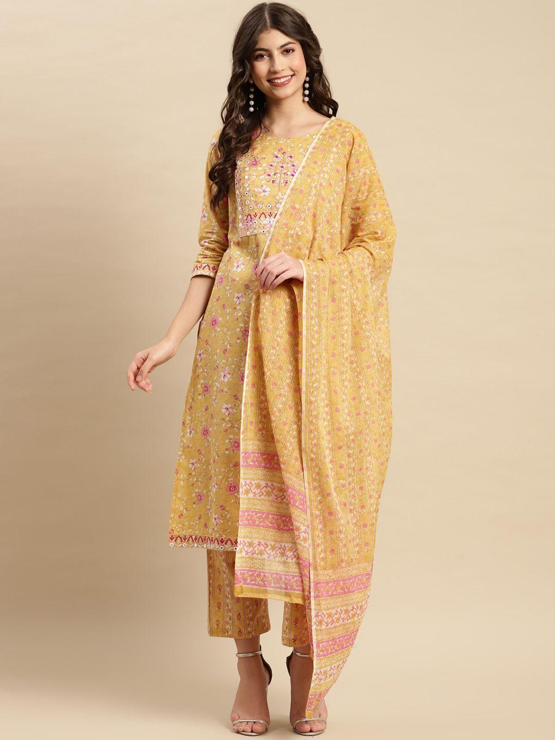 sangria embroidered pure-cotton a-line kurta with trouser & dupatta