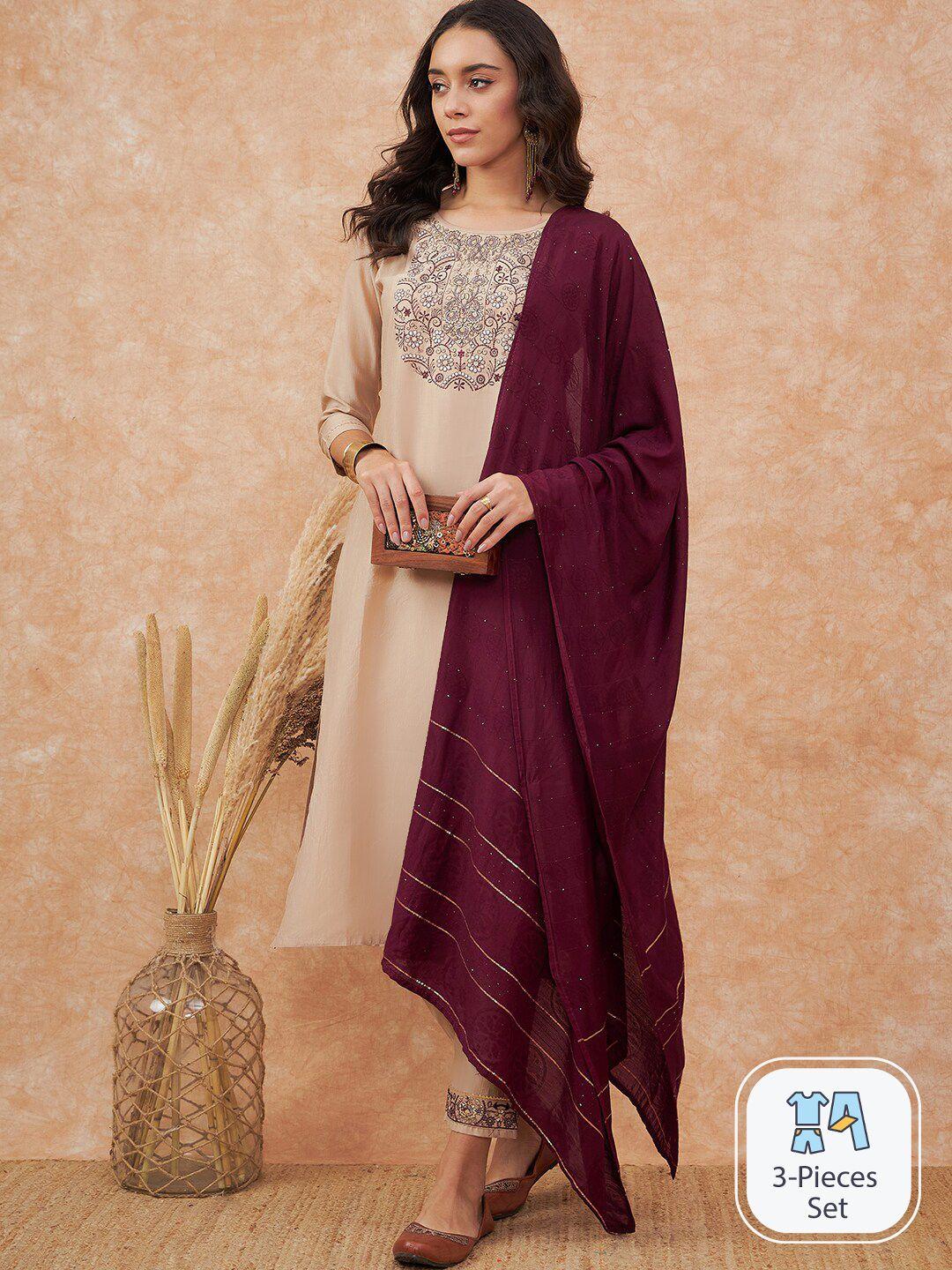 sangria embroidered straight kurta with trousers & dupatta