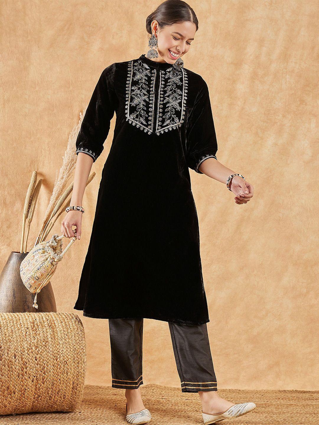 sangria embroidered velvet kurta with trousers