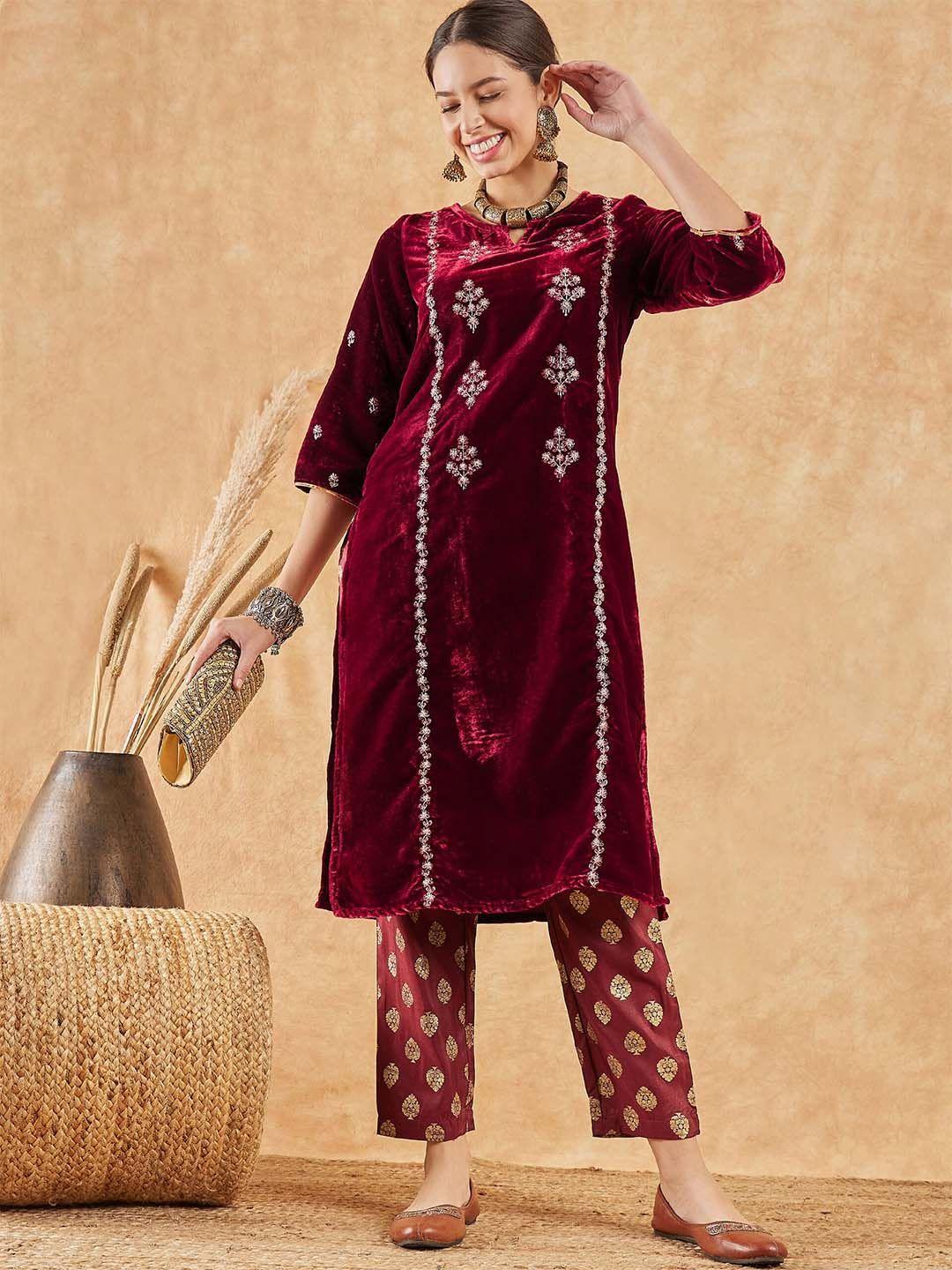 sangria embroidered velvet kurta with trousers