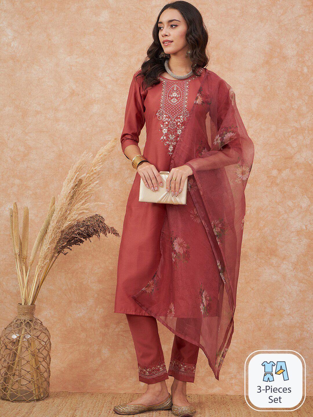sangria embroidery silk straight kurta with trouser & dupatta
