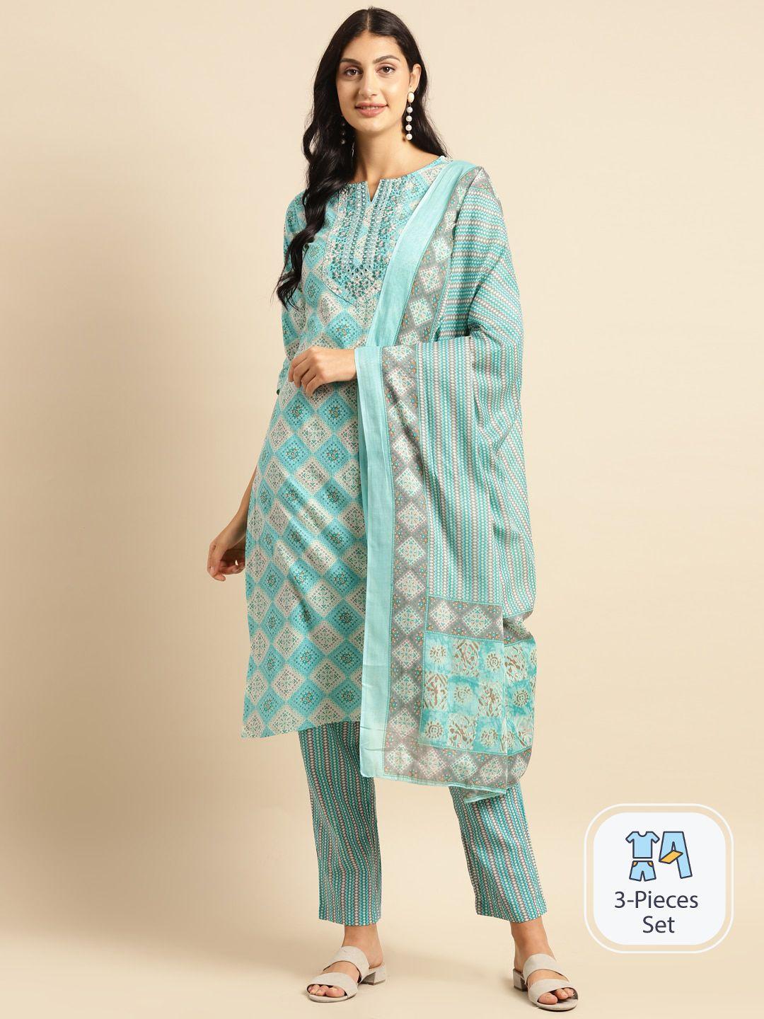 sangria ethnic motif printed mirror work pure cotton straight kurta with trouser & dupatta