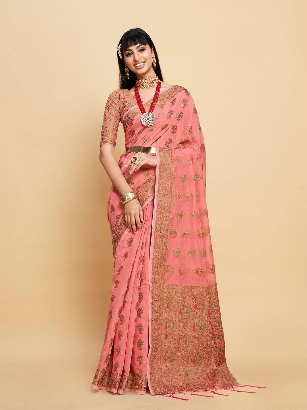 sangria ethnic motif printed zari saree with blouse piece