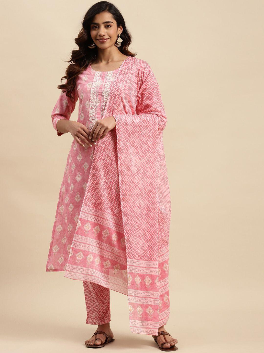 sangria ethnic motifs printed thread work pure cotton kurta with trousers & dupatta