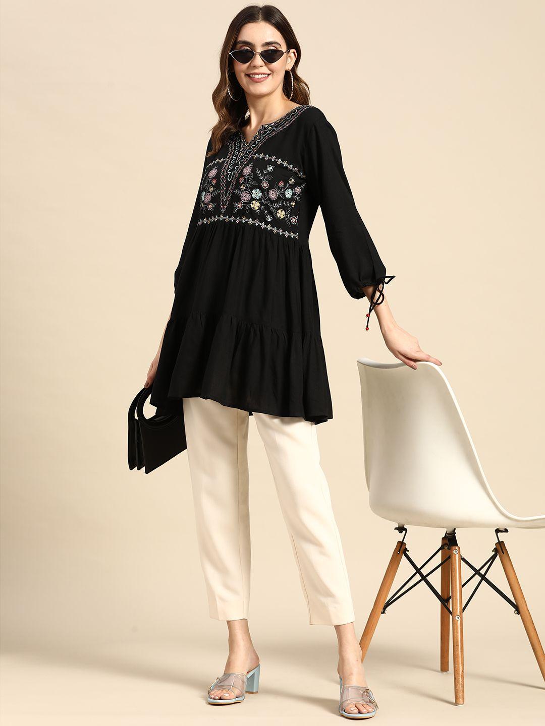 sangria floral embroidered puff sleeves longline top