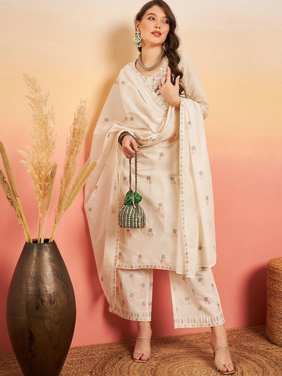 sangria floral embroidered pure cotton straight kurta set