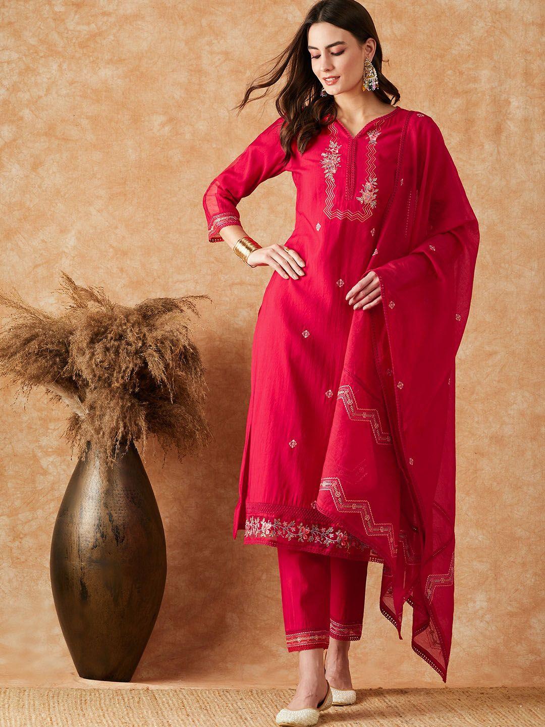sangria floral embroidered straight kurta with trousers & dupatta