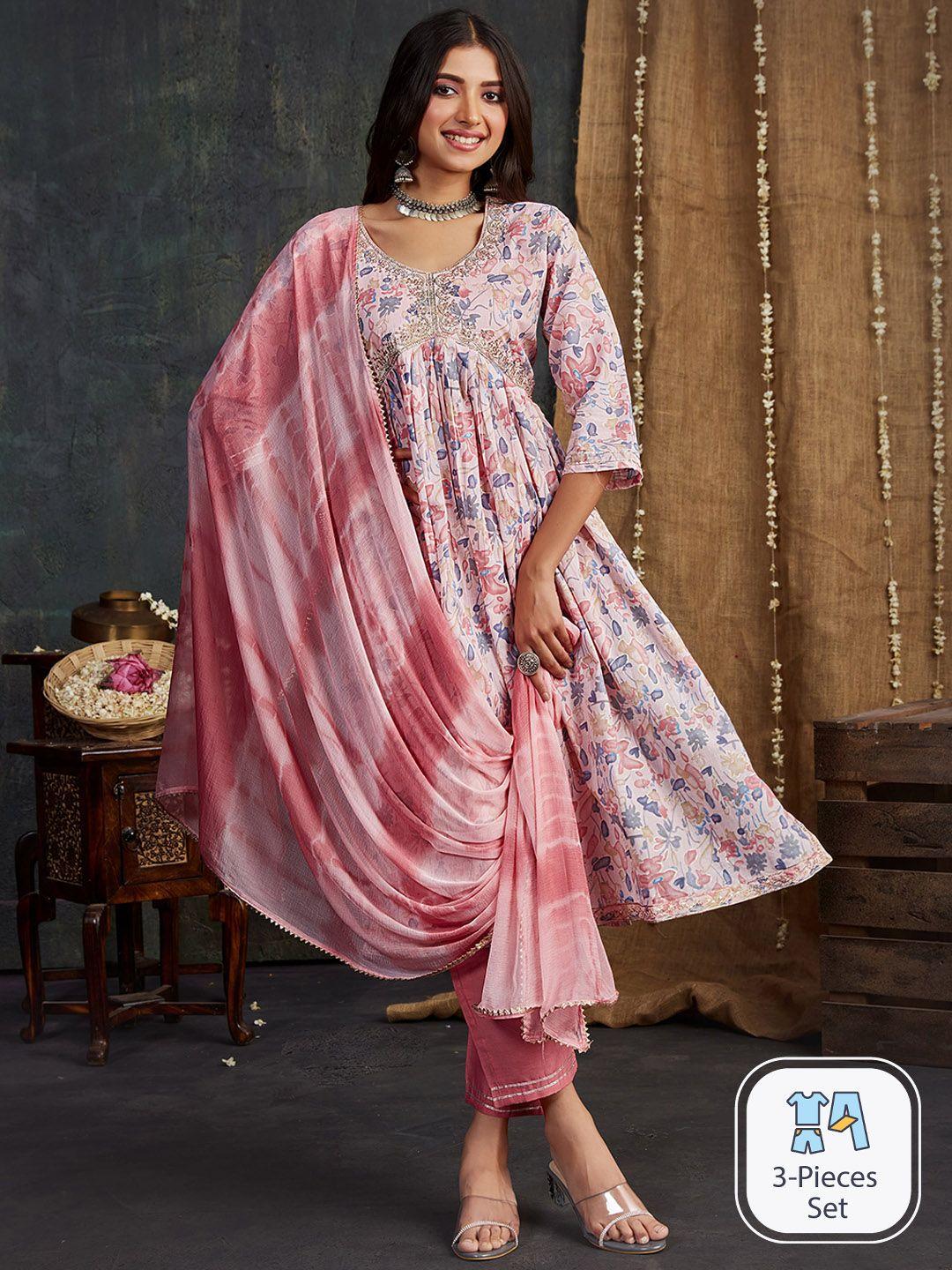sangria floral printed & embroidery pure cotton a-line kurta with trouser & dupatta