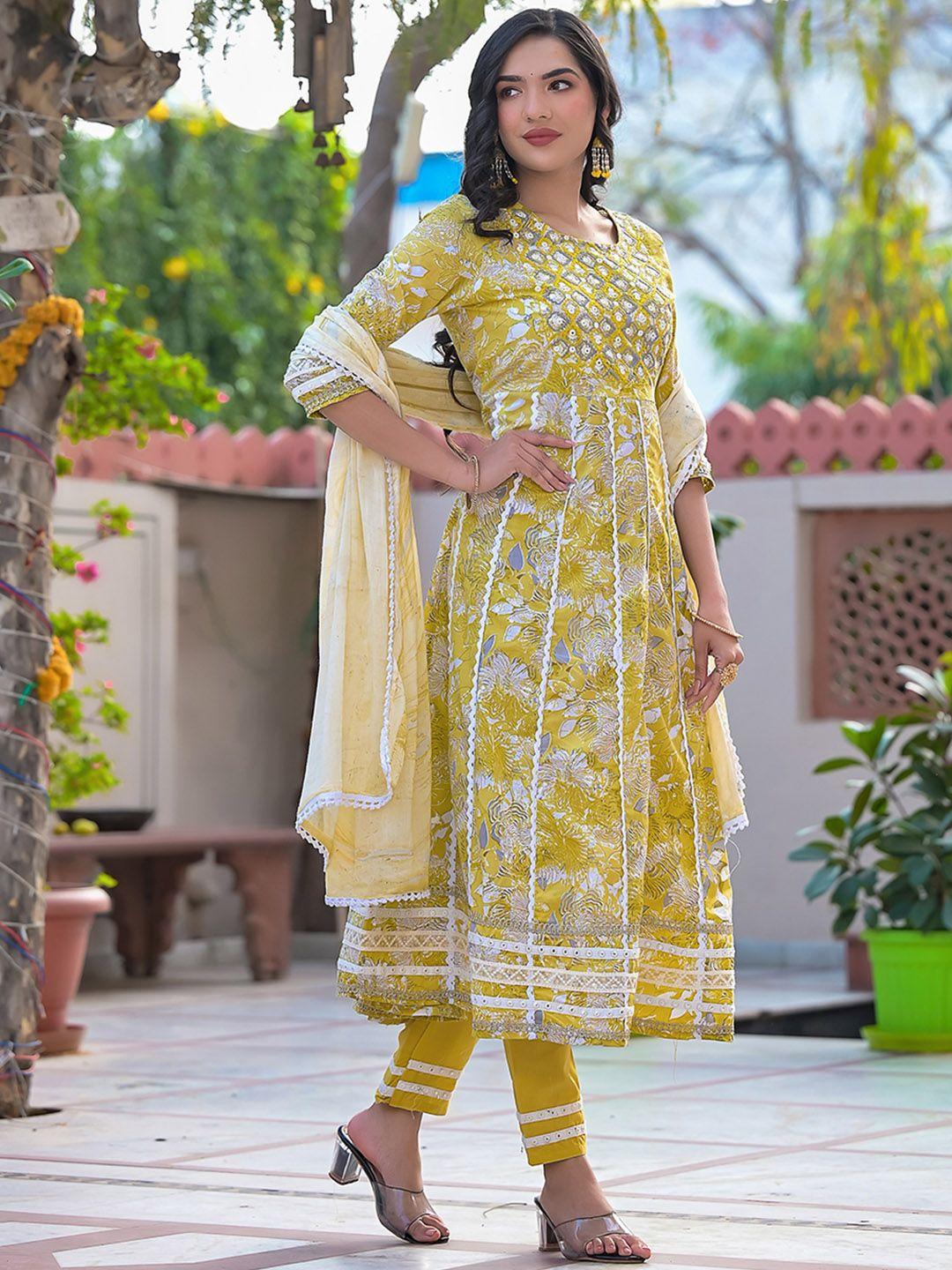 sangria floral printed sequinned pure cotton anarkali kurta with trouser & dupatta