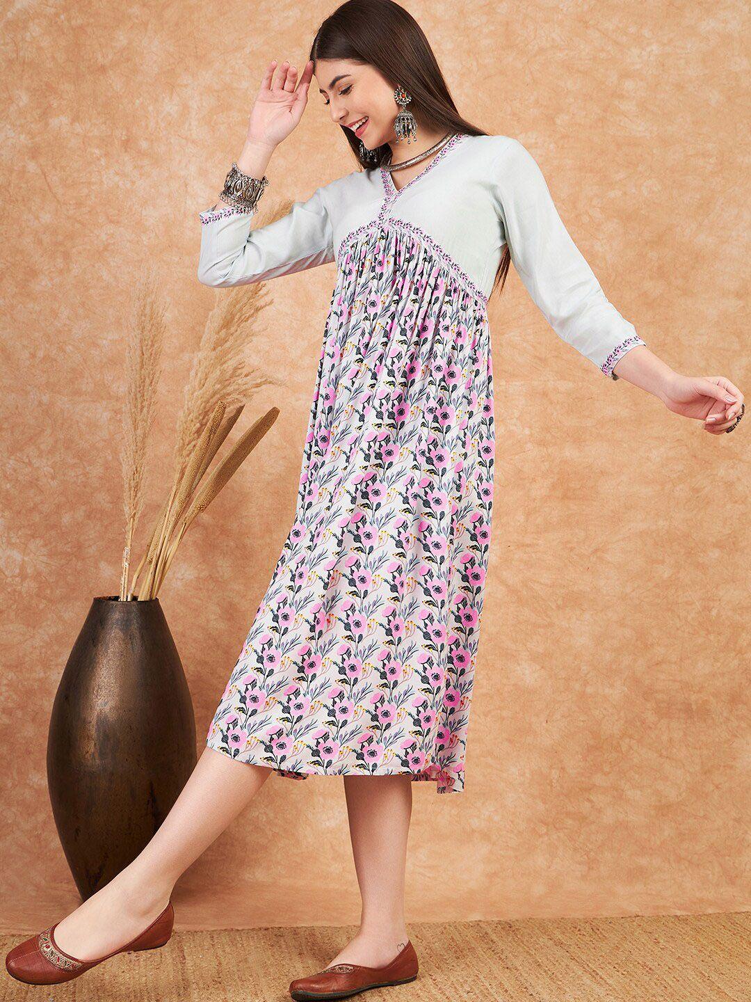 sangria floral printed v-neck gathered or pleated a-line midi ethnic dress