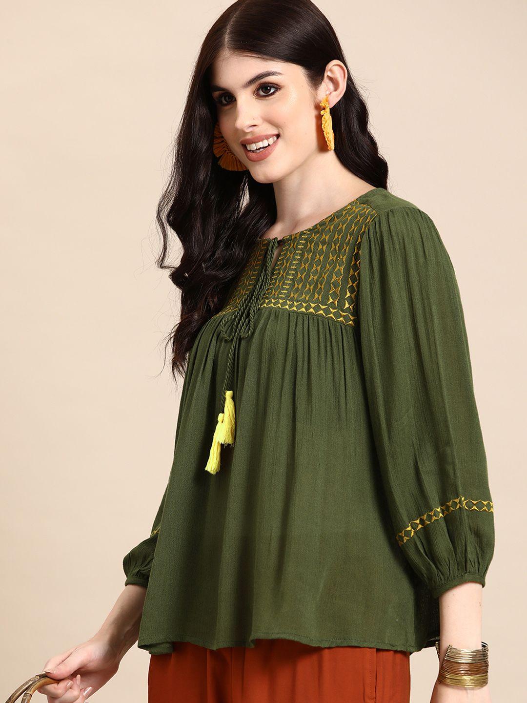 sangria geometric embroidered tie-up neck puff sleeve top