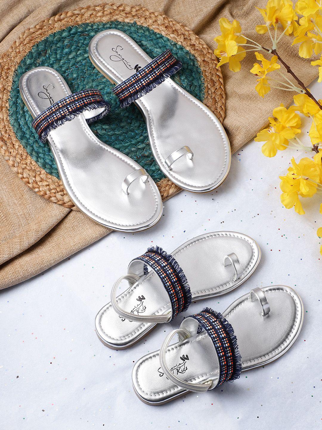 sangria girls silver-toned woven design one toe flats with fringes