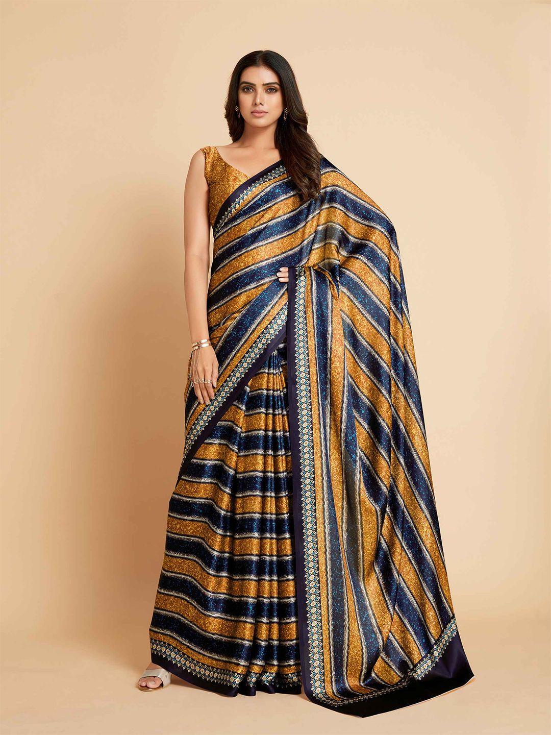 sangria gold-toned & blue striped satin ready to wear saree