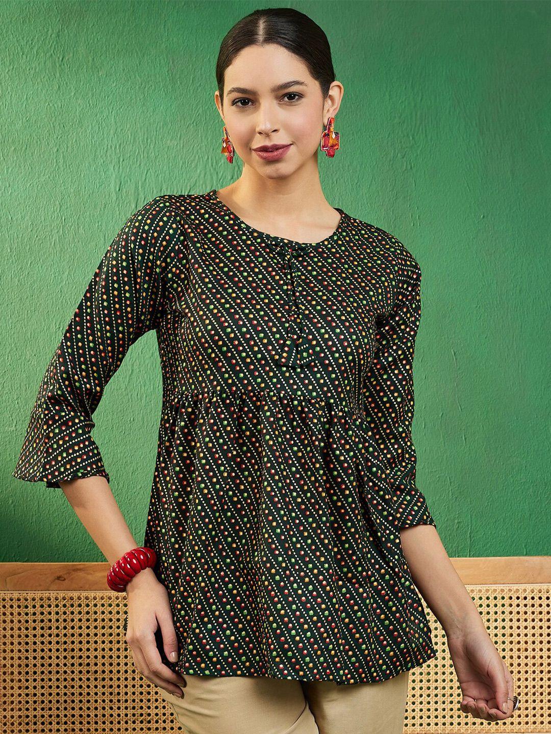 sangria green bandhani printed round neck bell sleeves empire style a-line kurti