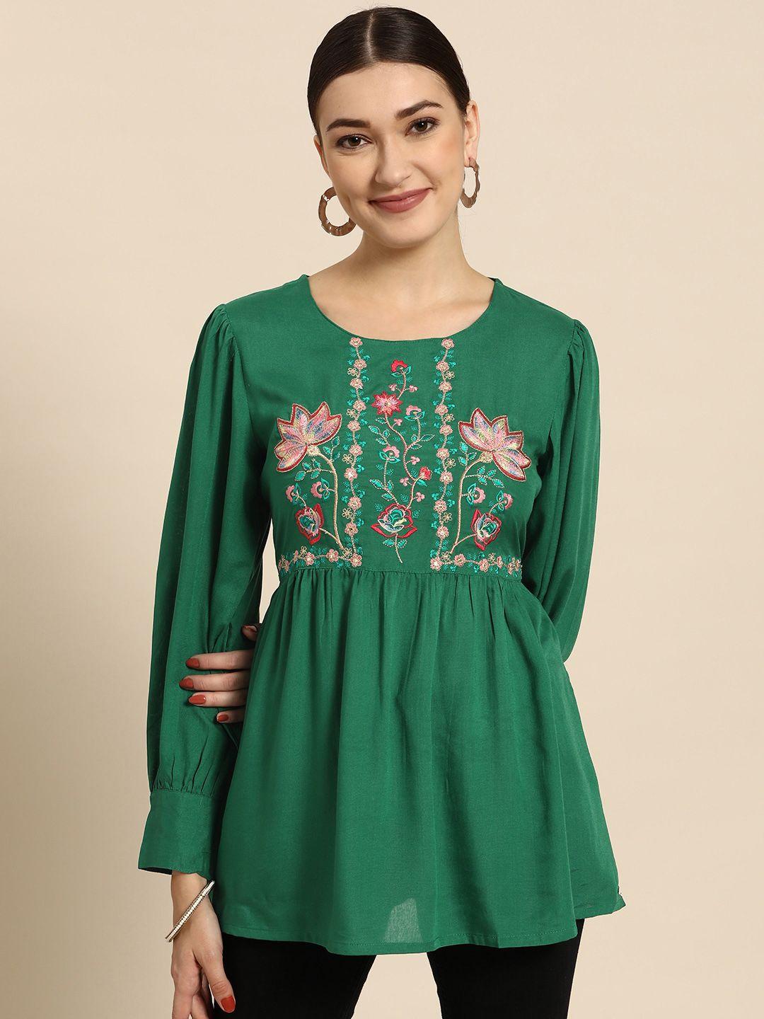 sangria green ethnic motifs embroidered longline top