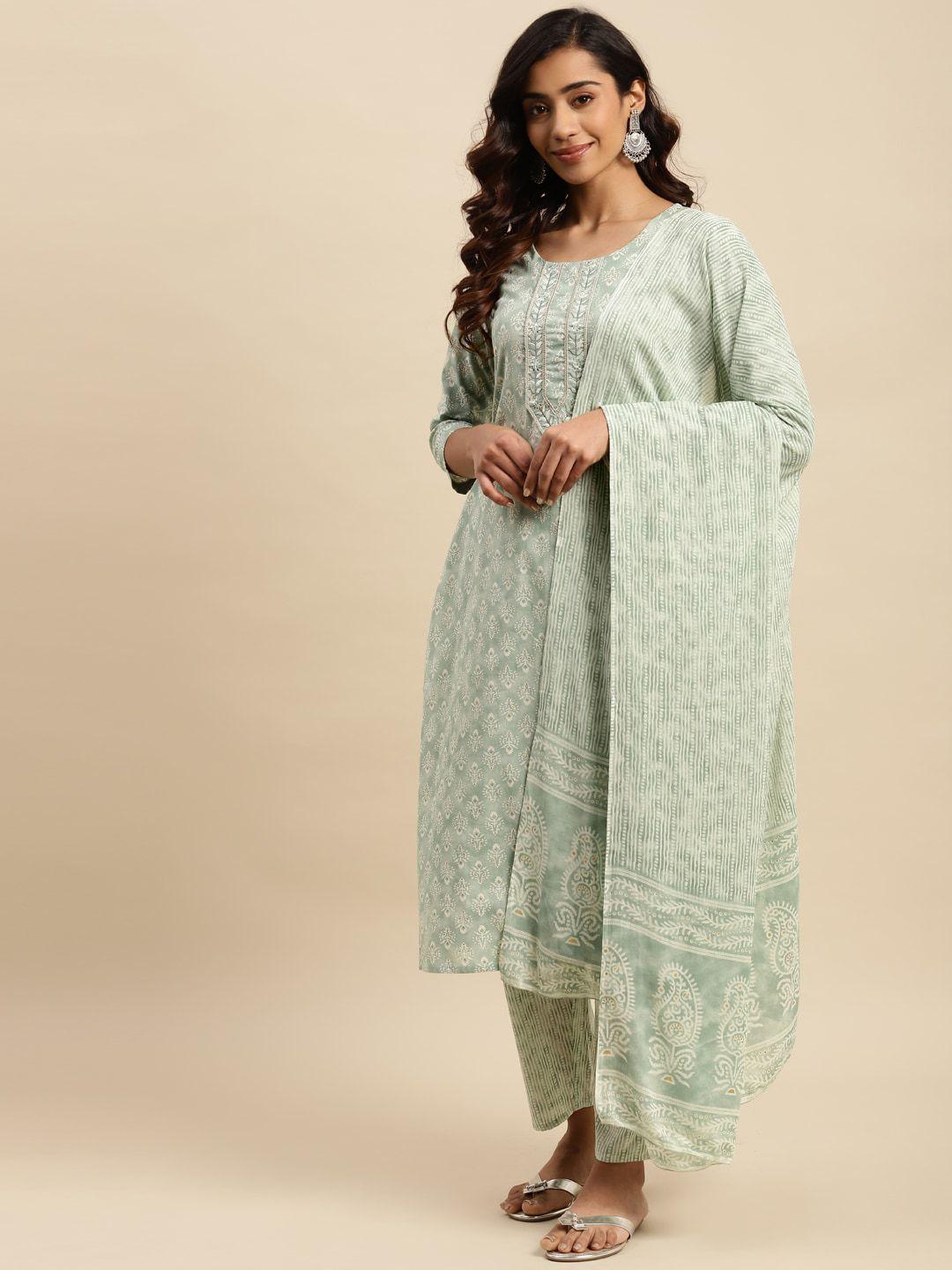 sangria green ethnic motifs printed thread work pure cotton kurta with trousers & dupatta