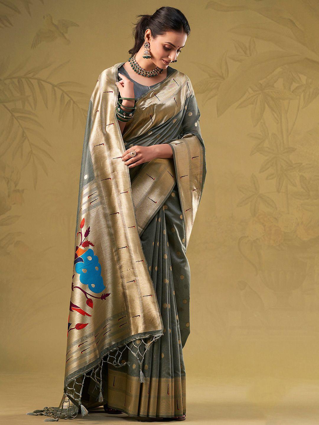 sangria grey ethnic woven-designed festive saree with blouse piece