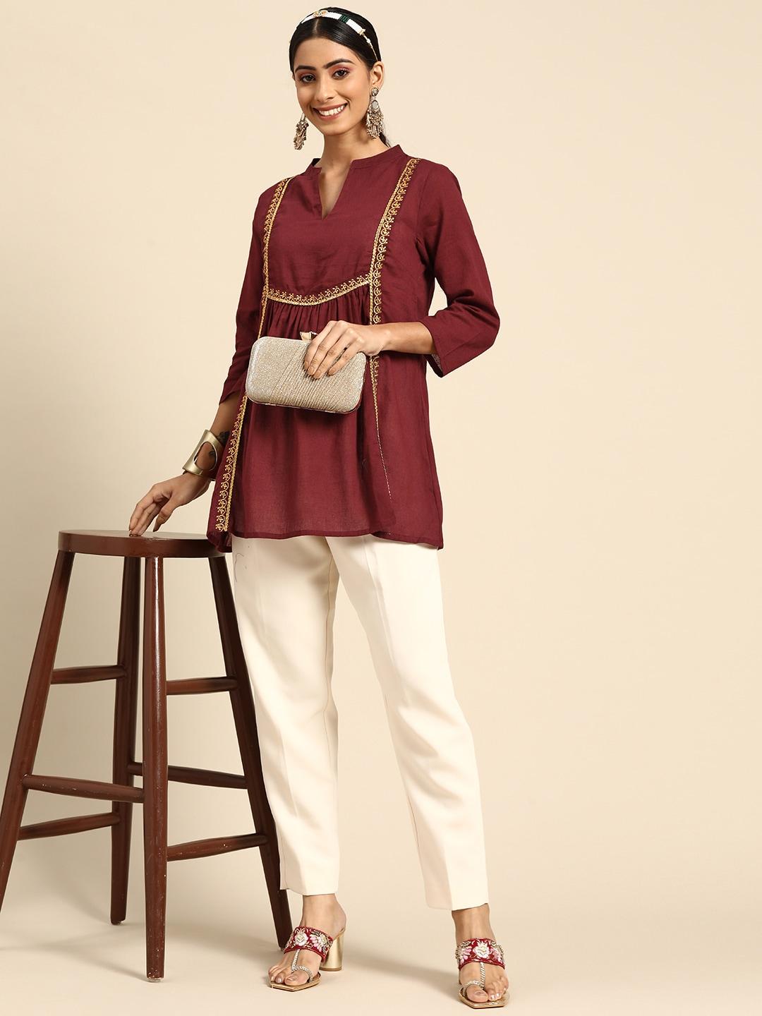 sangria maroon & golden embroidered pure cotton tunic