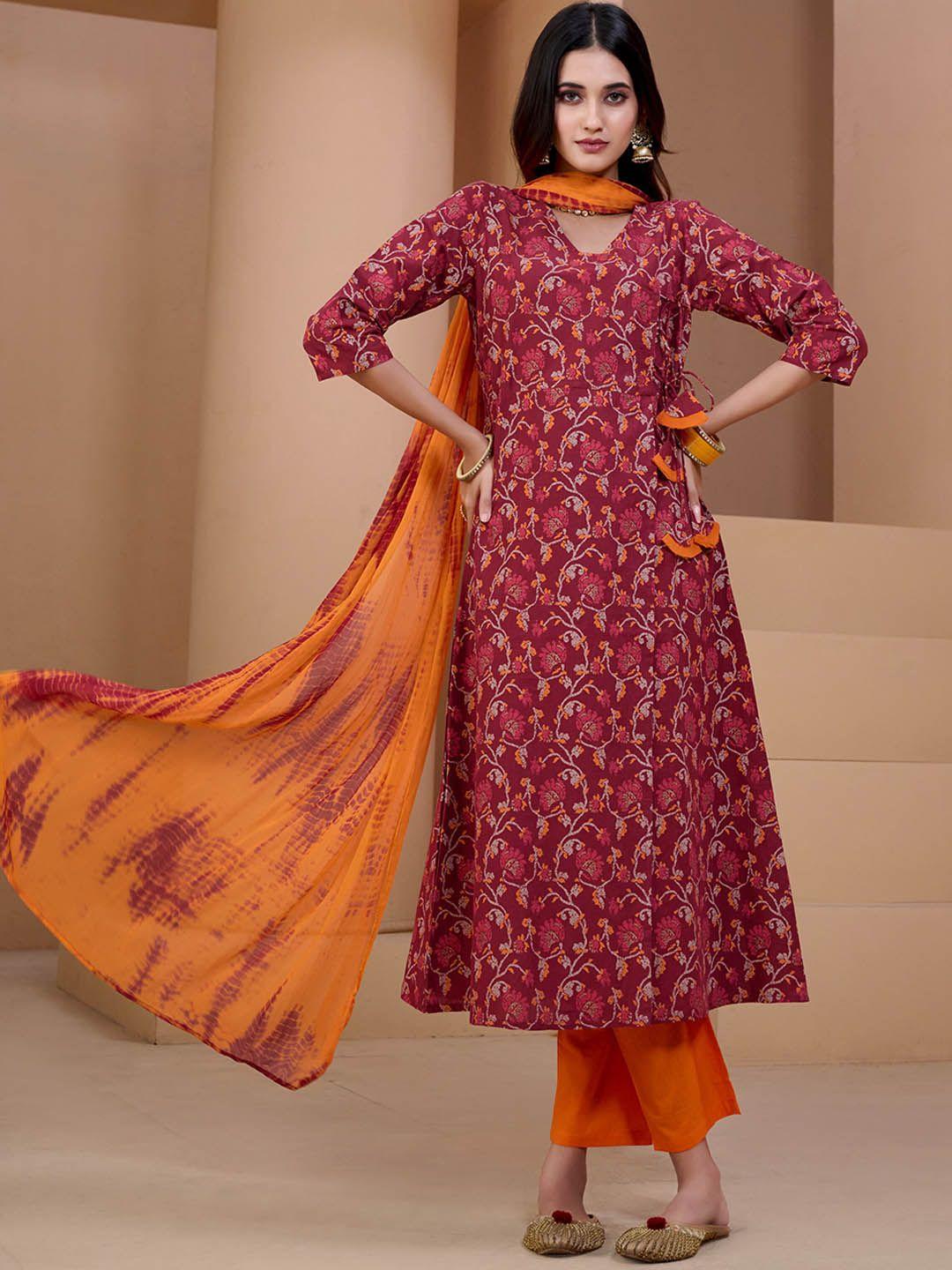 sangria maroon & orange printed v neck pure cotton angrakha kurta with trousers & dupatta