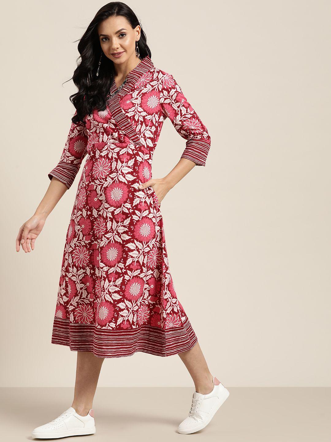 sangria maroon & white ethnic motifs cotton wrap dress