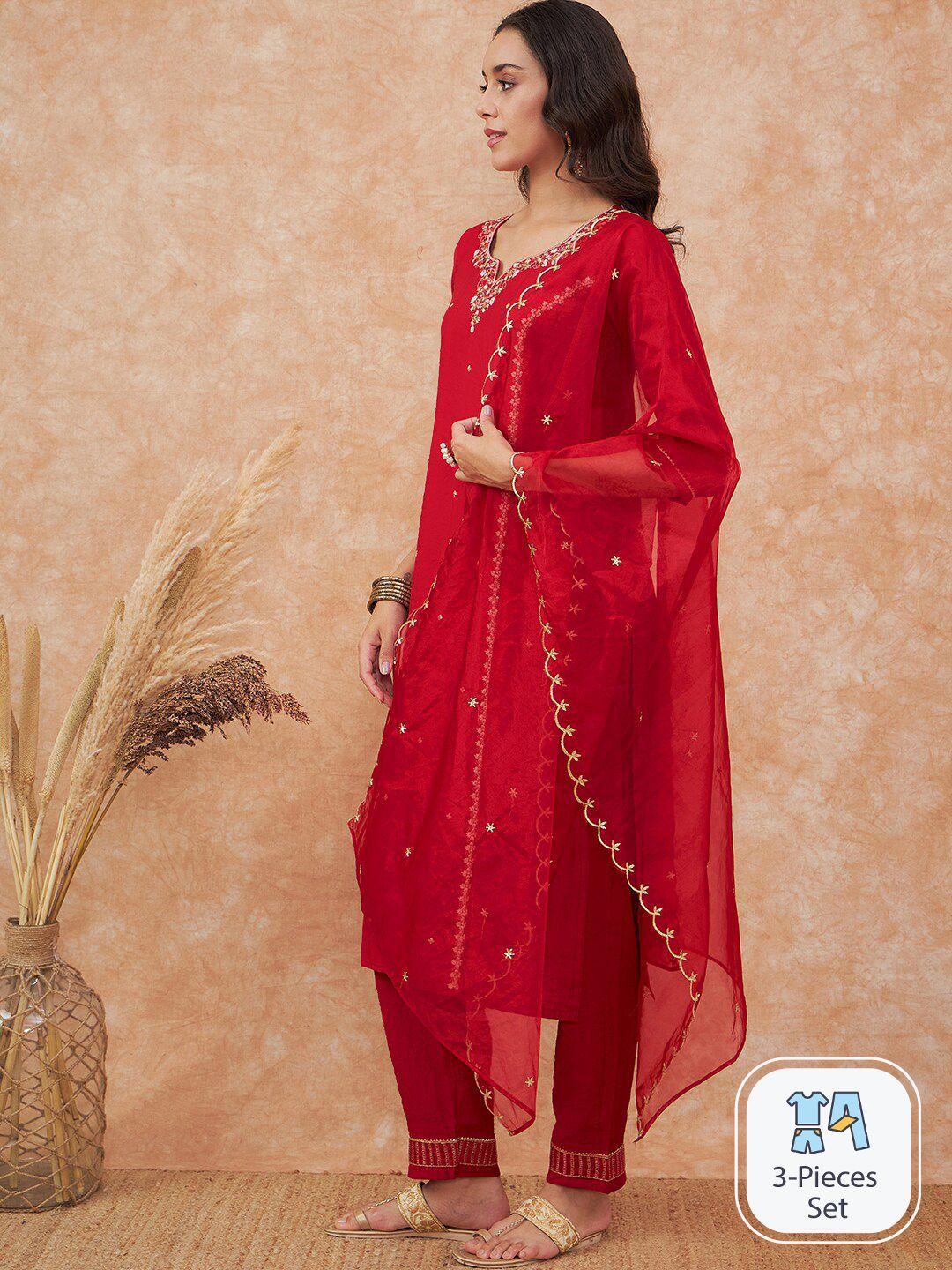 sangria maroon floral embroidered straight kurta with trousers & dupatta