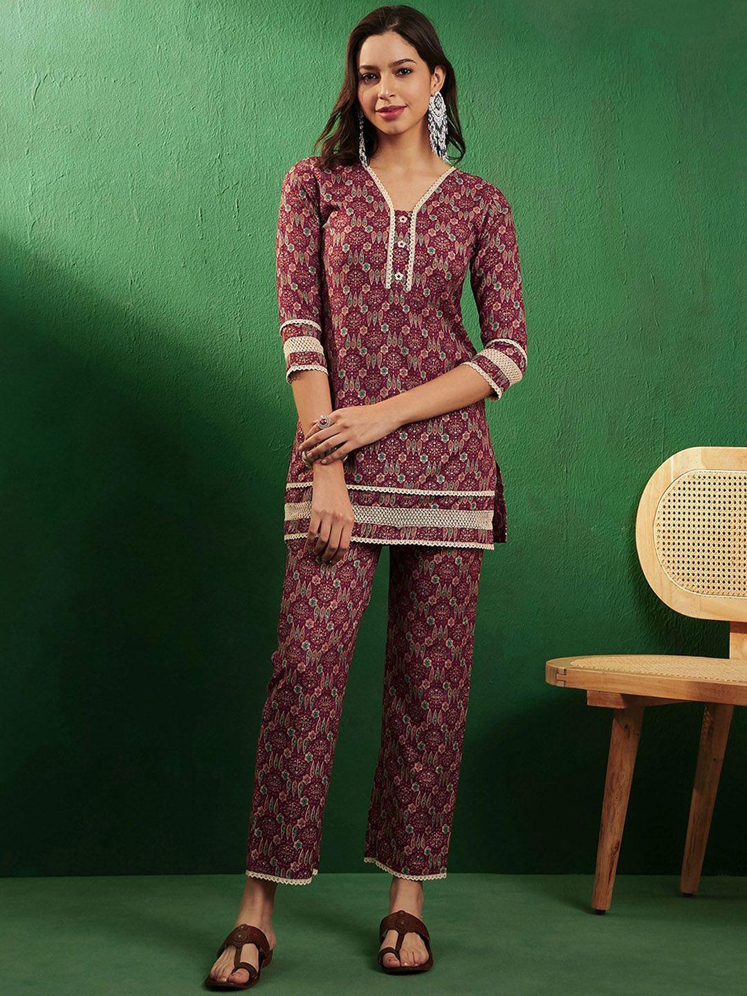 sangria maroon floral printed tunic with trousers