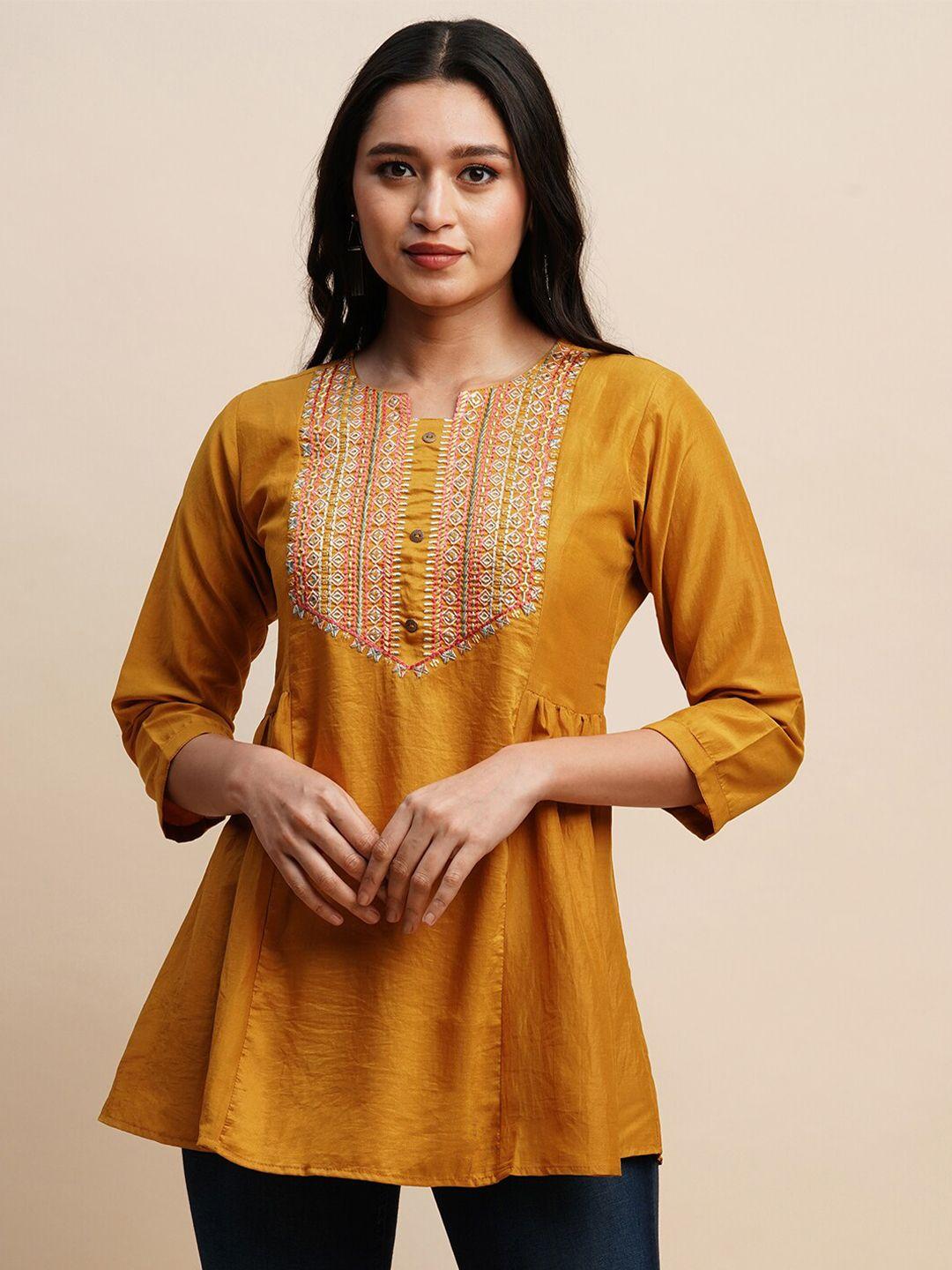 sangria mustard yellow geometric embroidered a-line top