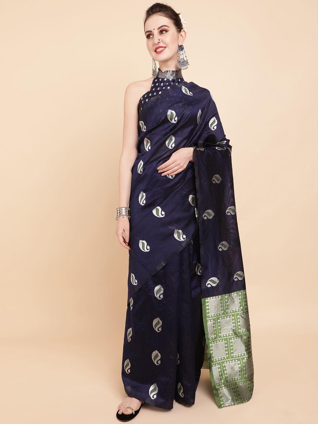 sangria navy blue & green woven design zari silk blend banarasi saree