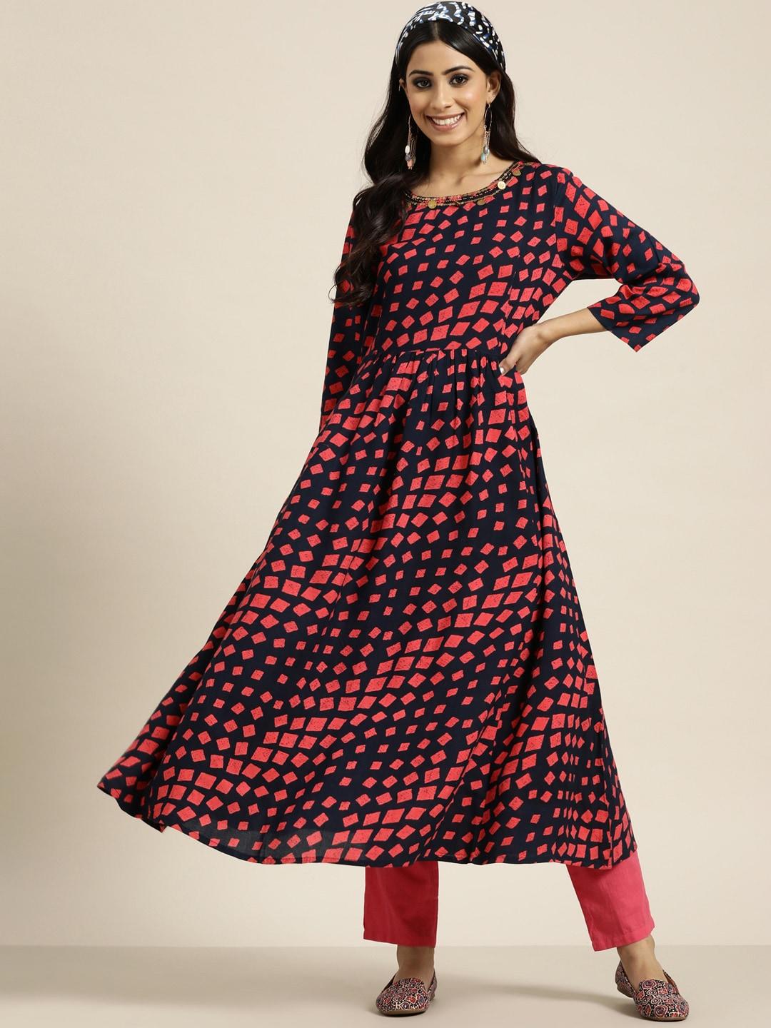 sangria navy blue & red geometric printed sequinned pure cotton sequinned kurta
