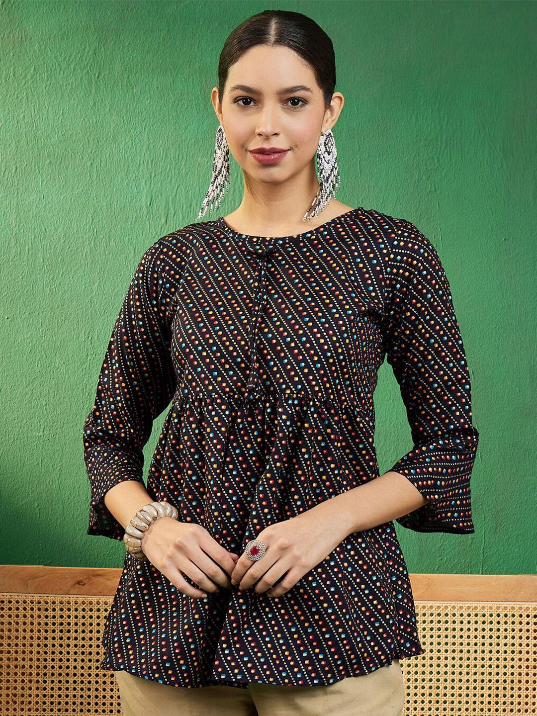sangria navy blue bandhani printed round neck bell sleeves empire style a-line kurti