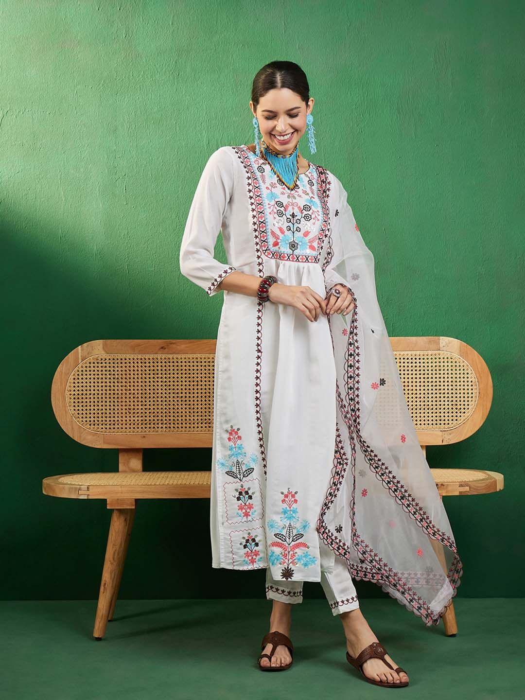 sangria off white embroidered a-line kurta with trouser & dupatta
