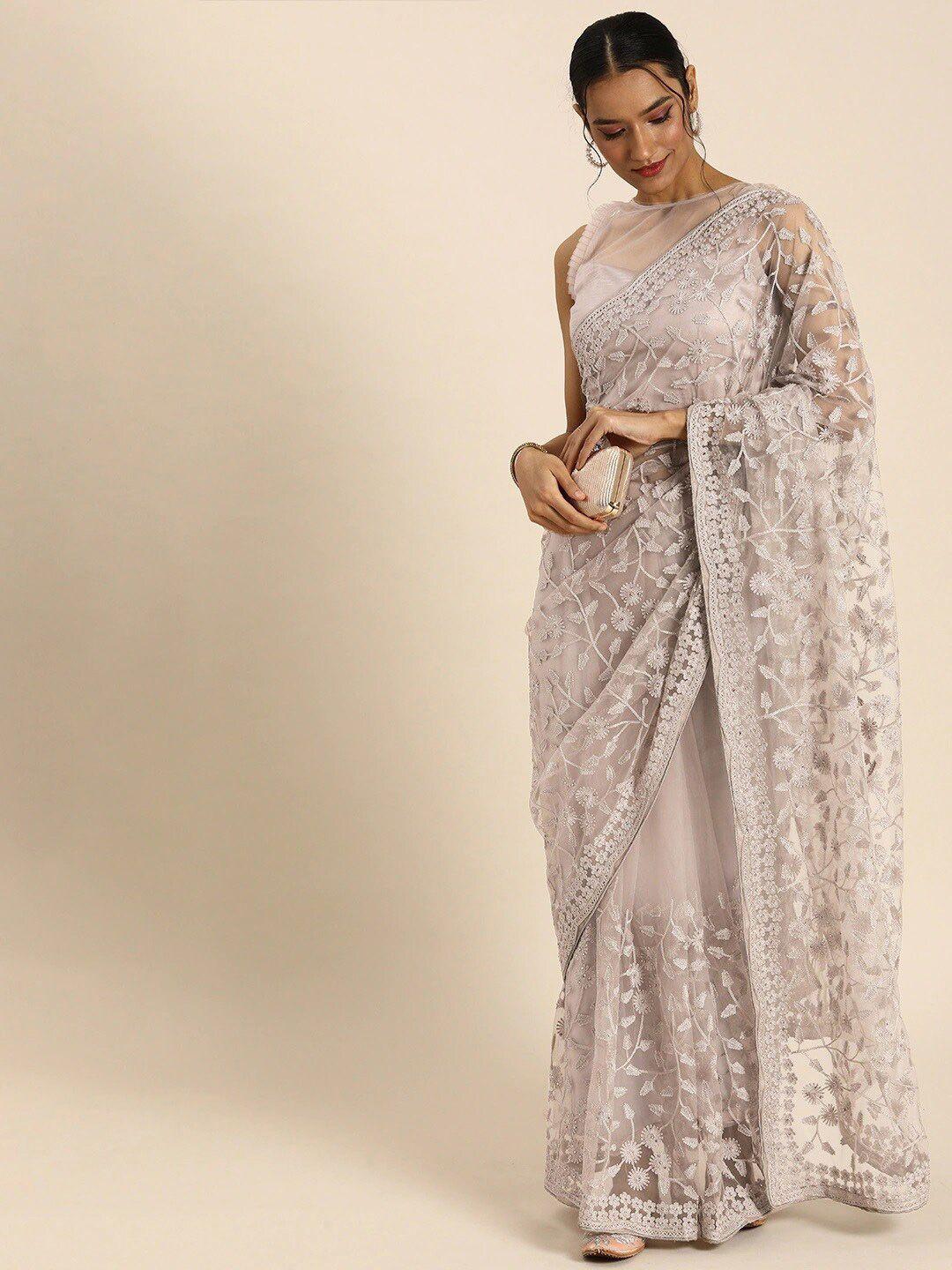 sangria off white floral beads and stones net saree