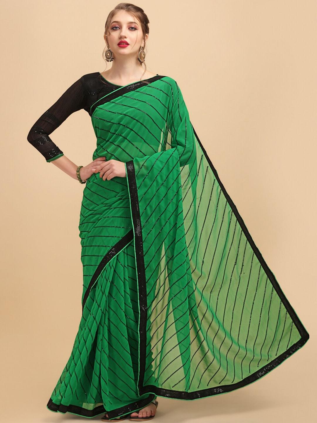 sangria olive green & black striped sequinned pure georgette saree