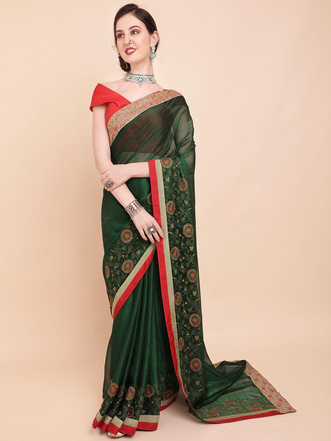 sangria olive green & red floral embroidered pure georgette saree
