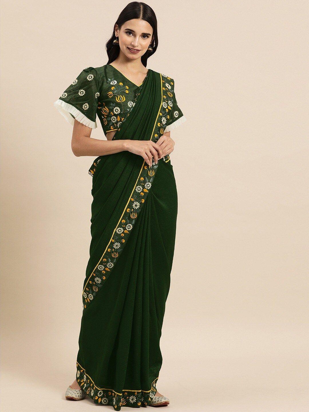 sangria olive green & yellow embroidered silk blend saree