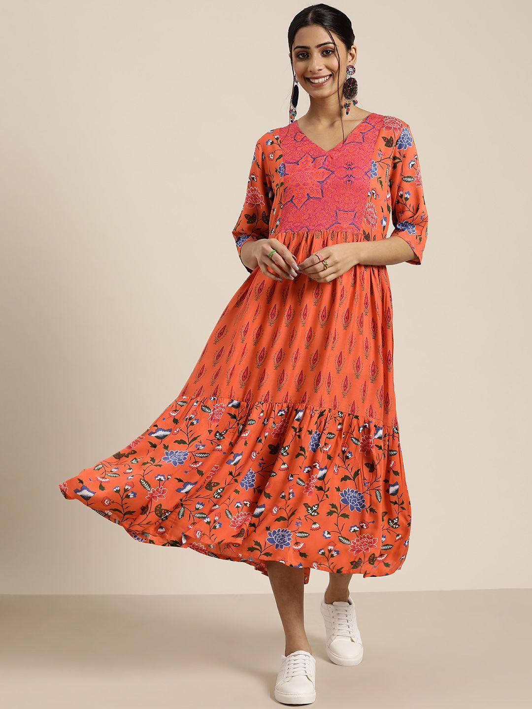 sangria orange & blue ethnic motifs a-line midi dress