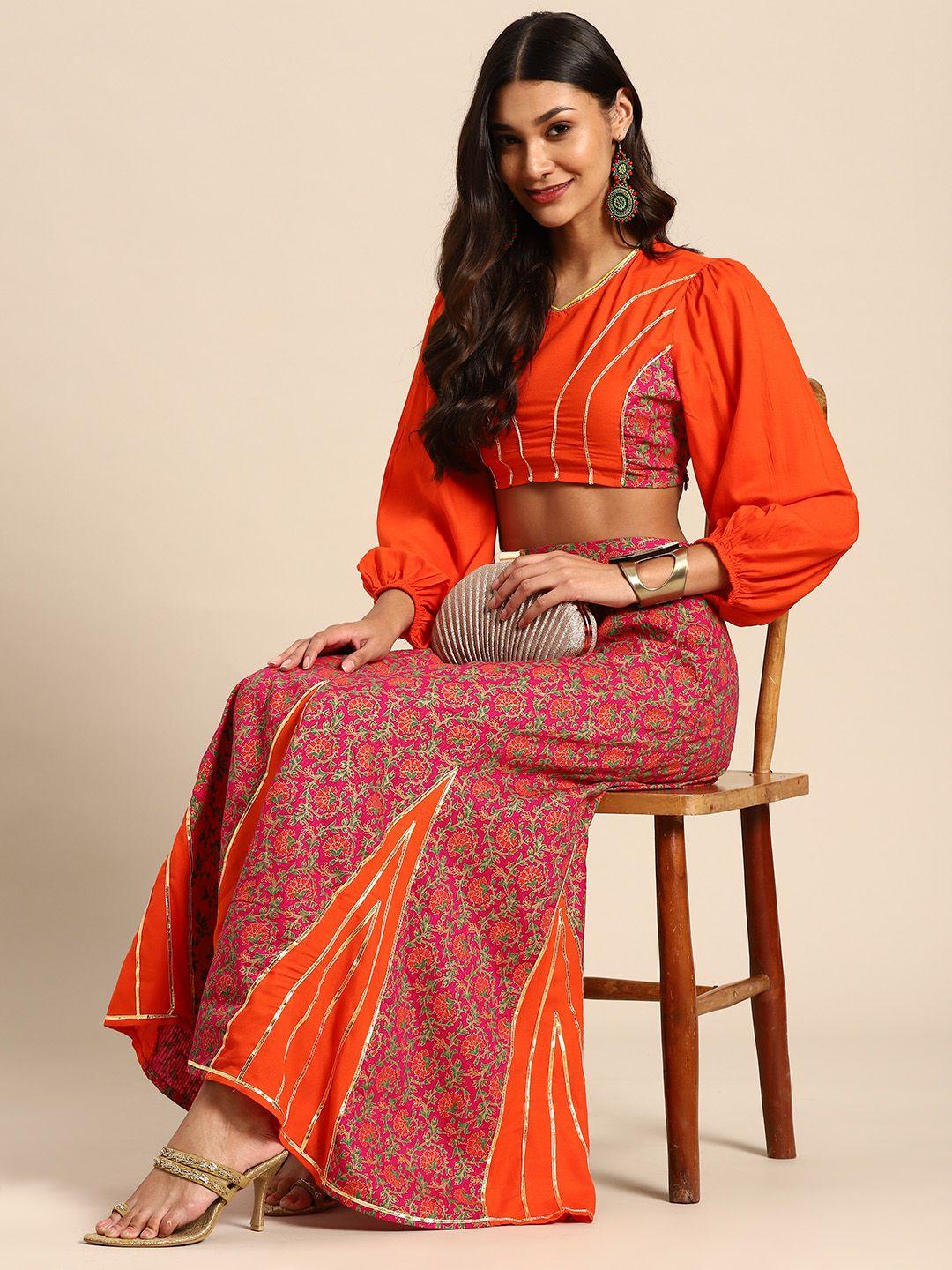 sangria orange & pink printed ready to wear lehenga & blouse