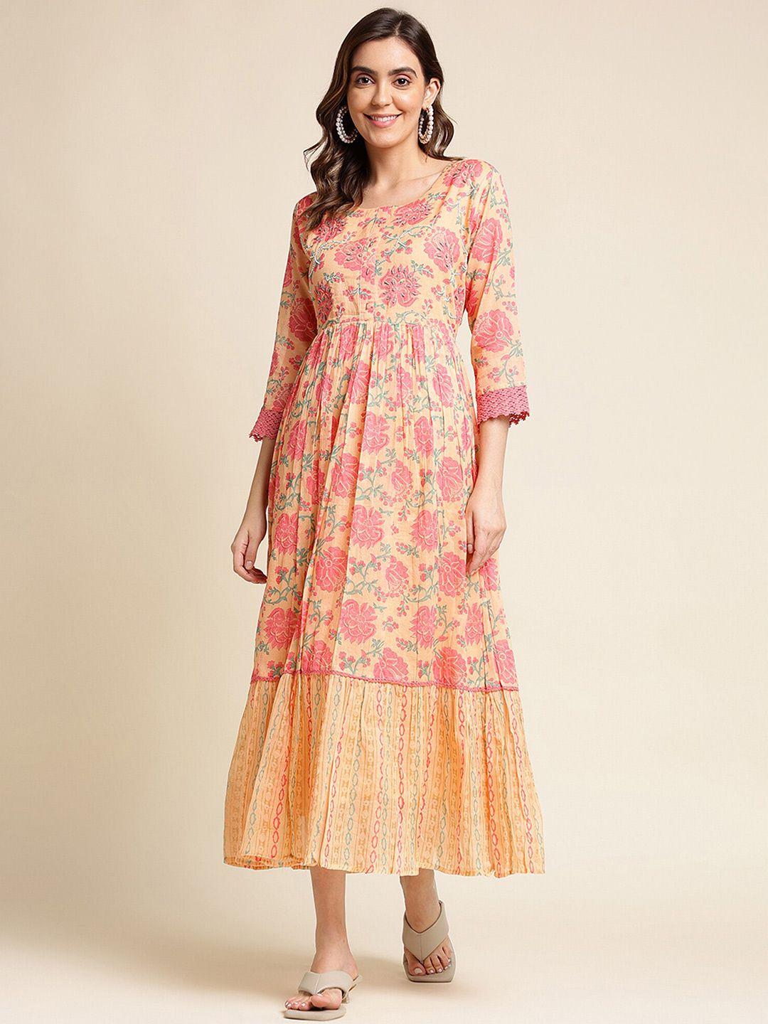 sangria peach-coloured floral printed embellished cotton fit & flare ethnic dress