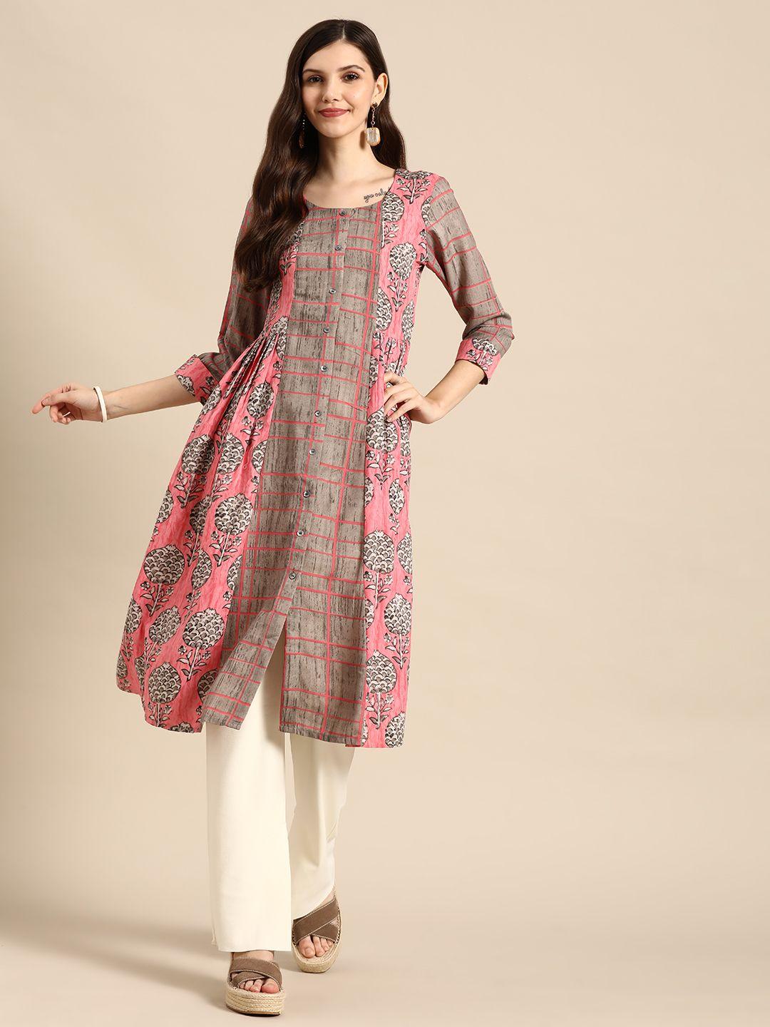 sangria pink & beige ethnic motifs printed pure cotton kurta