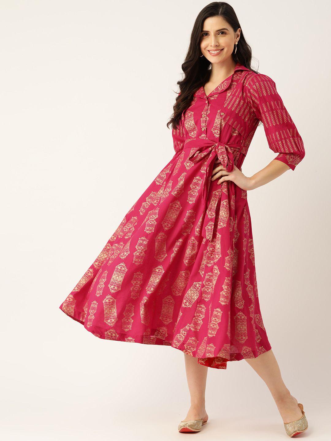 sangria pink & golden foil ethnic print a-line midi dress