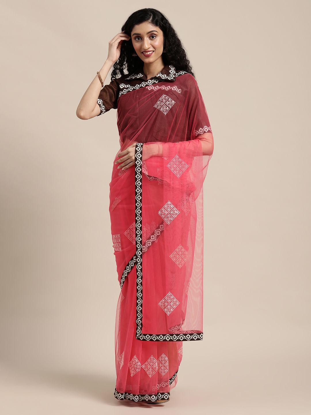 sangria pink & white embroidered net saree