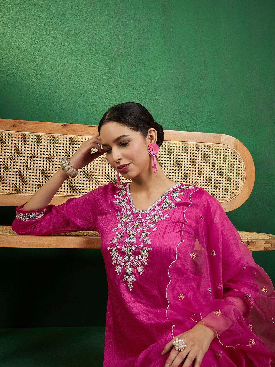 sangria pink floral embroidered chinon silk straight kurta with trousers & dupatta