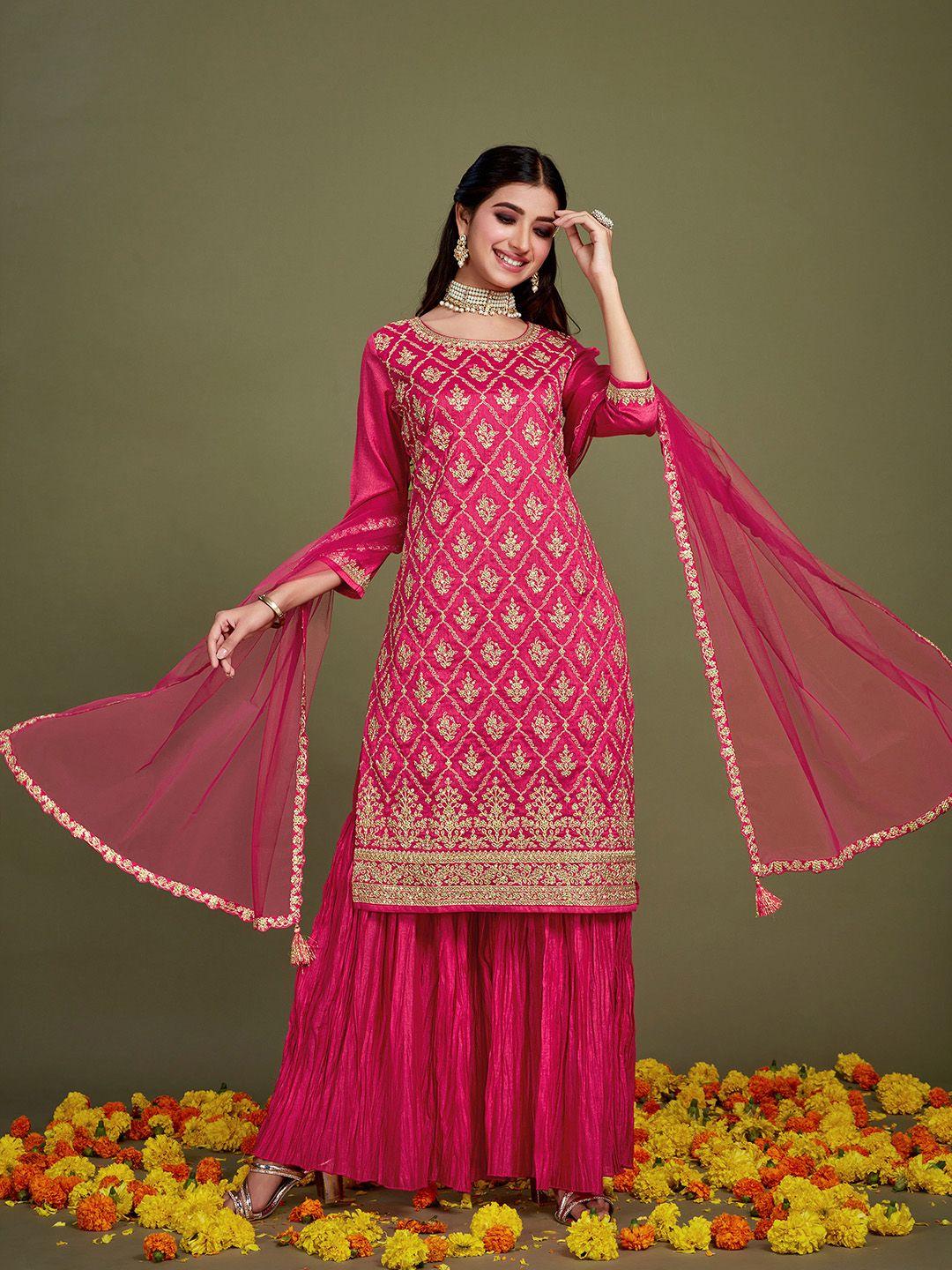 sangria pink floral embroidered sequinned kurta set with dupatta