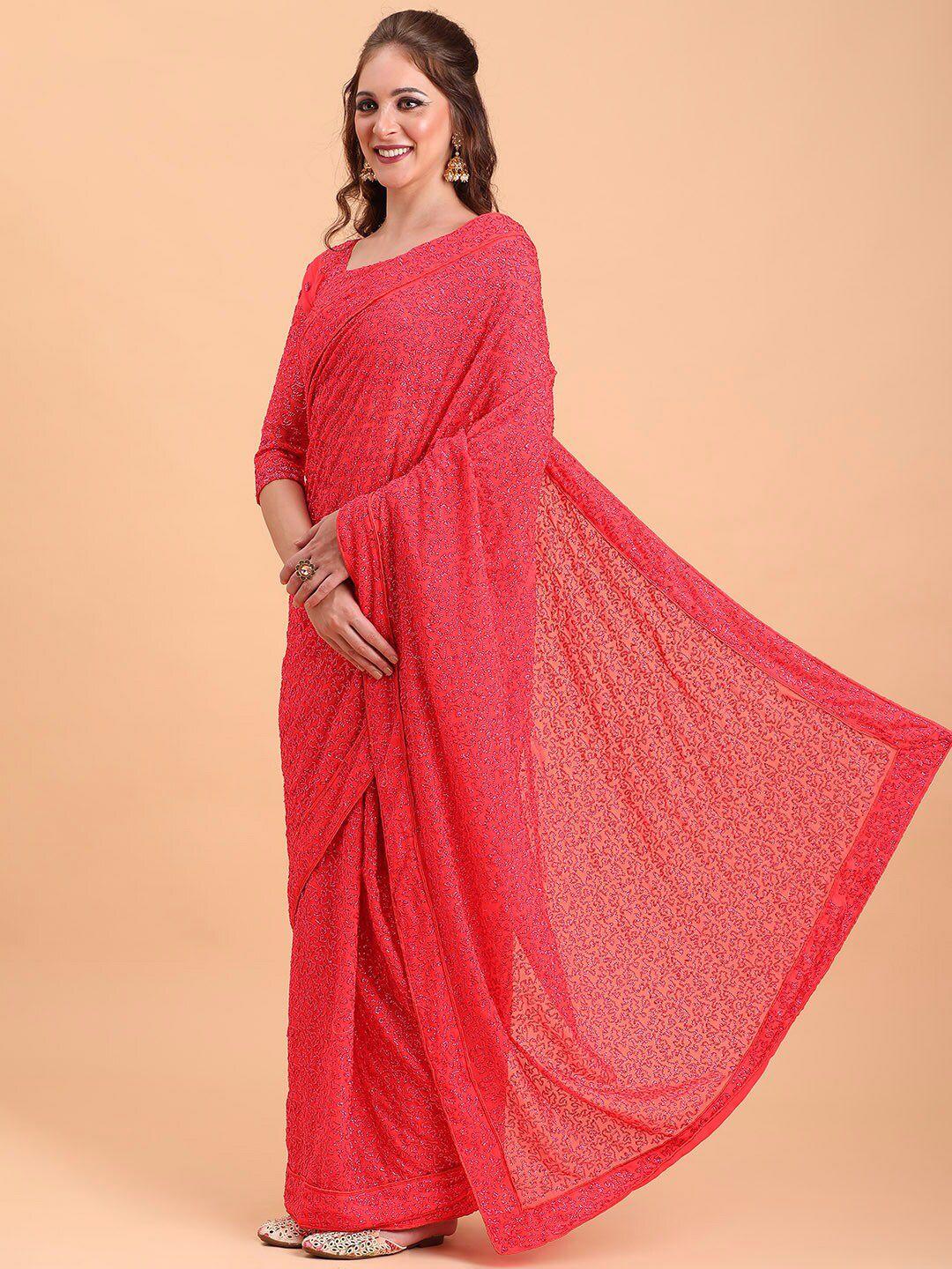 sangria pink pure georgette fully jaal sequinned party celebrity saree
