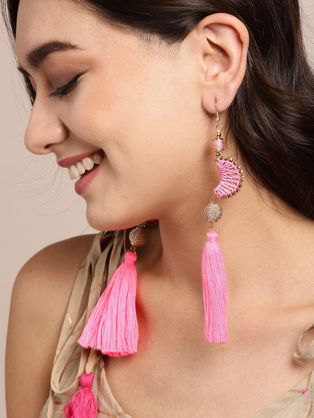 sangria pink rose gold-plated threadwork tasselled contemporary drop earrings