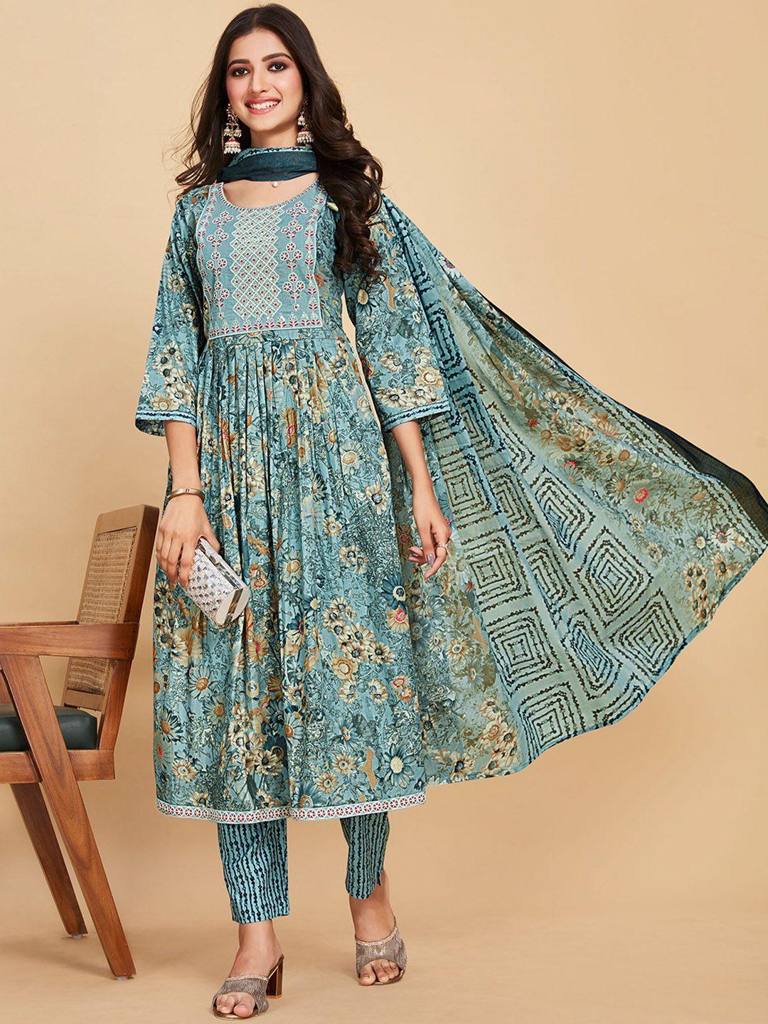 sangria printed & embroidery pure cotton a-line kurta with trouser & dupatta set