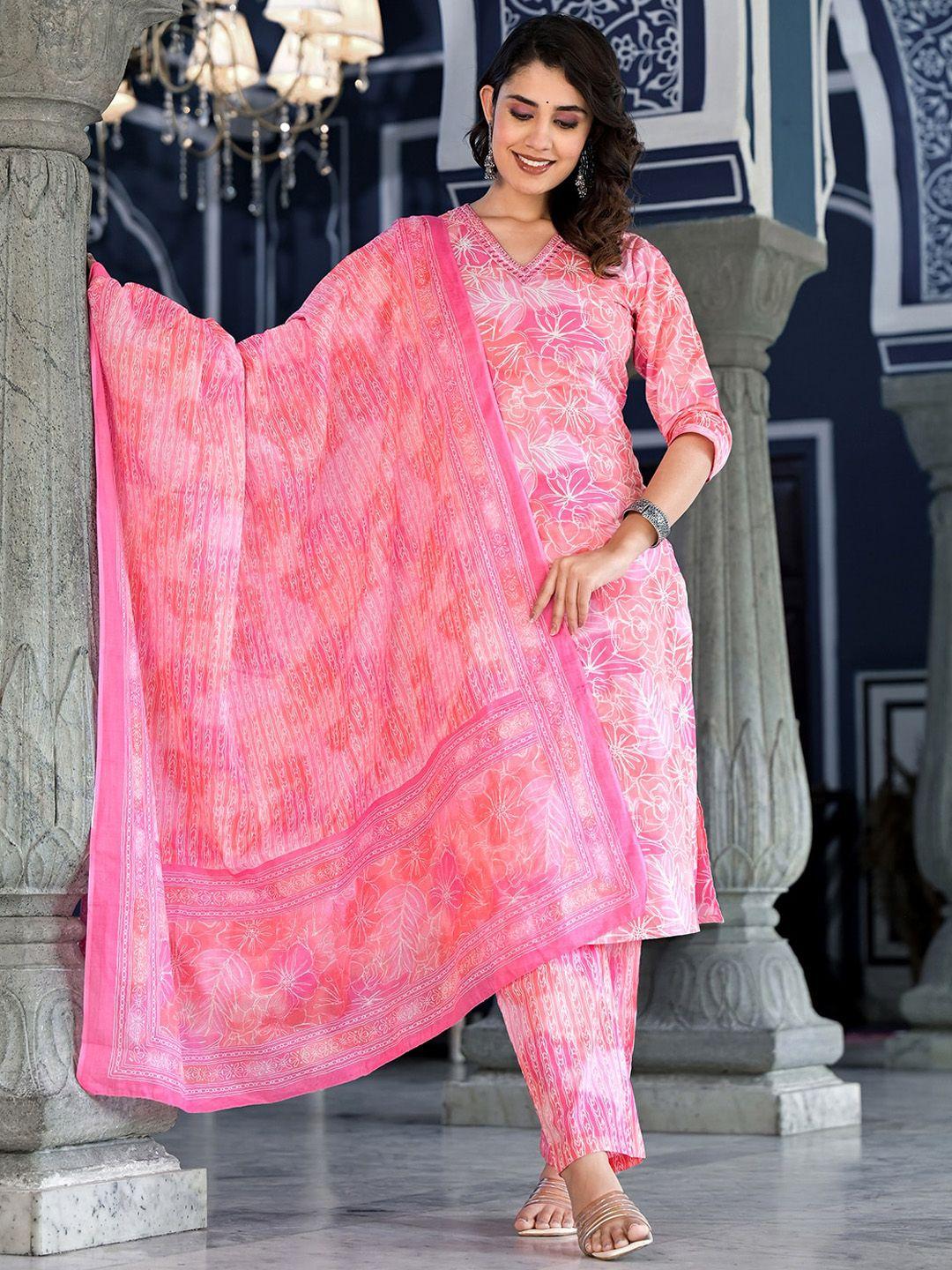 sangria printed & embroidery pure cotton straight kurta with trouser & dupatta set