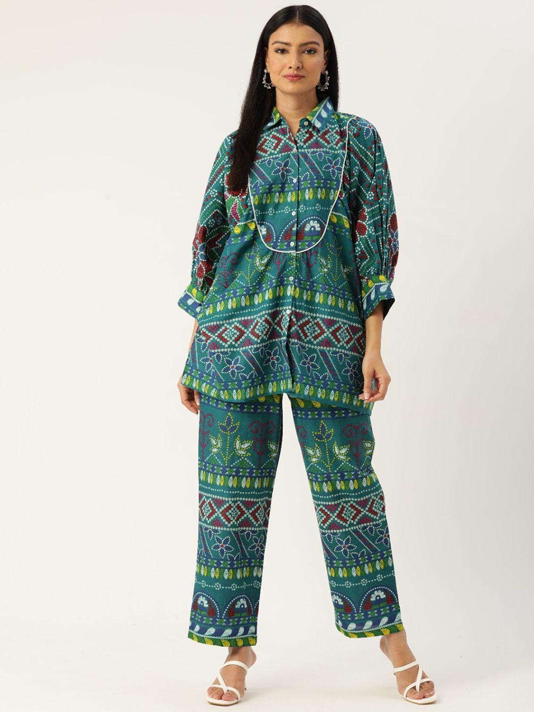 sangria printed pure cotton puff sleeves shirt with palazzos co-ords